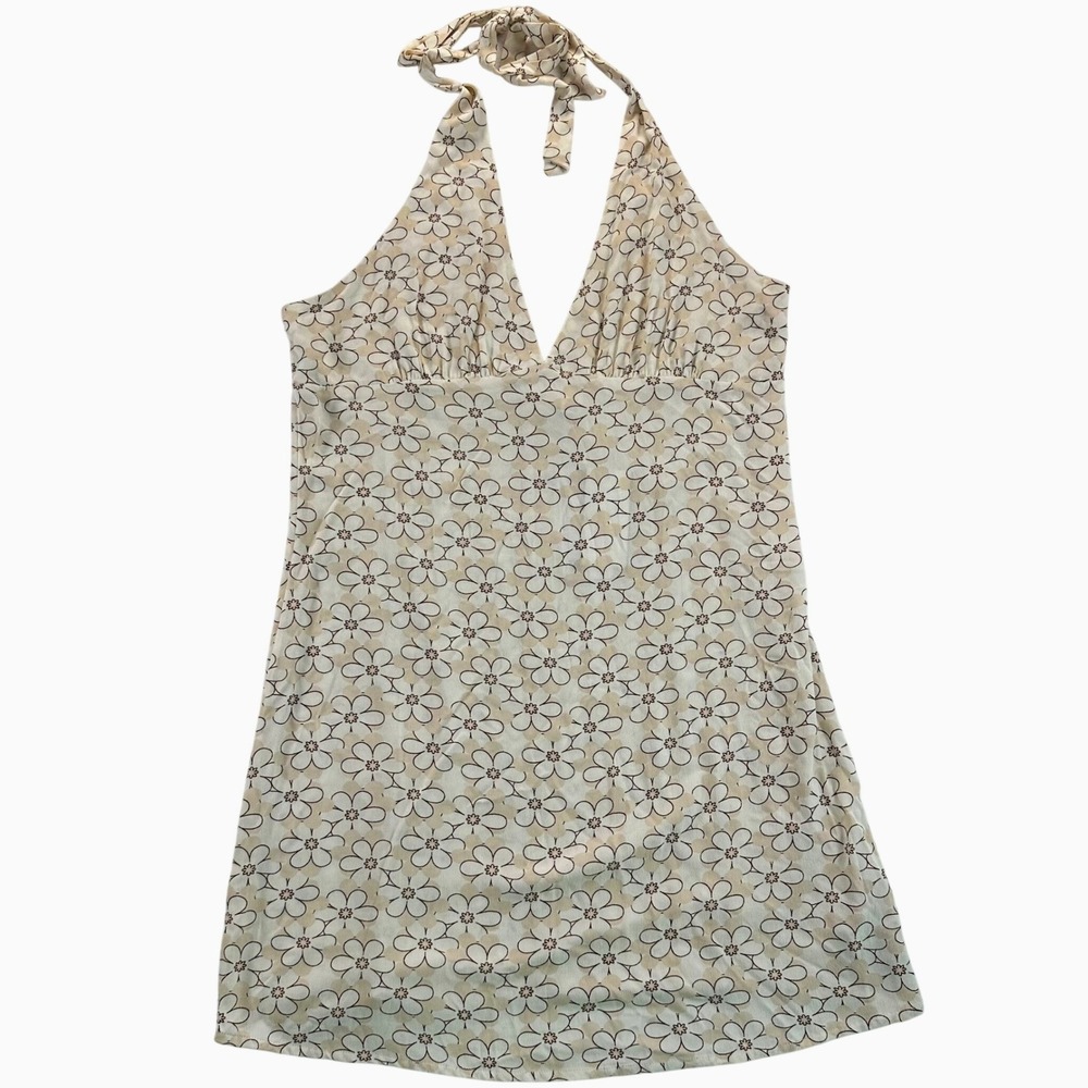 Roxy Womens Floral Halter Mini Dress Cover Up Cream Tan Size XL Viscose Retro